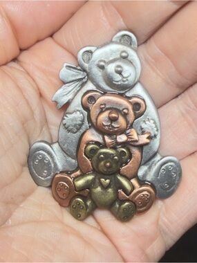 L RAZZA Vintage Teddy Bear Brooch Tricolor Bears Silver Gold Copper Tone Pin